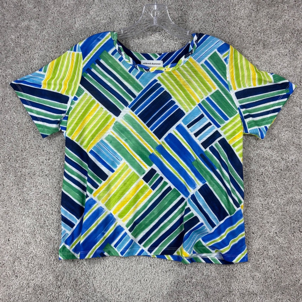 Alfred Dunner Petite PL Blue Green Yellow Geometric Striped Short Sleeve Top